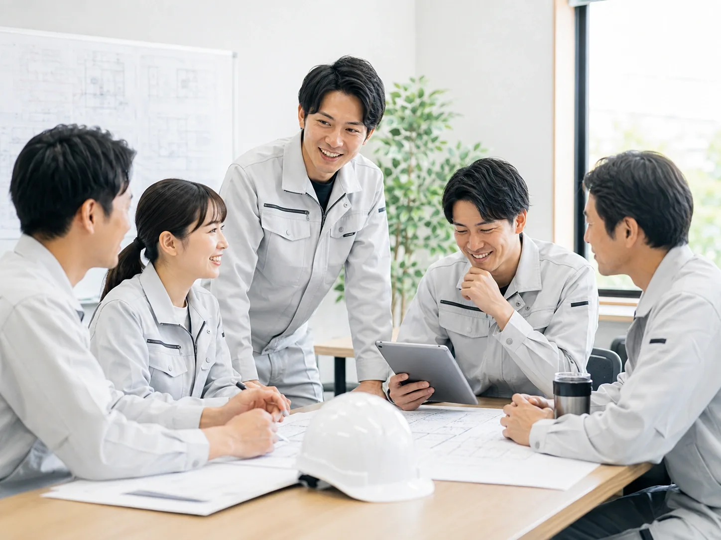 図面とヘルメットを囲んで話す、作業着姿の社員たち